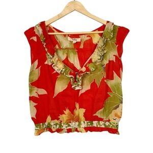 Hollister Red Floral Leaf Print Ruffle V Neck Smocked Waist Top S